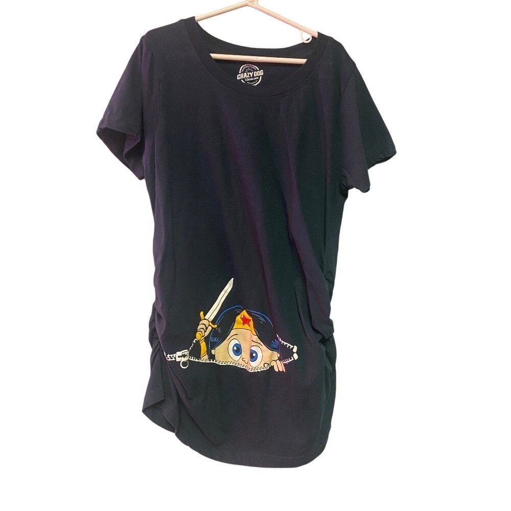 Wonder Woman Maternity Tee Cute Graphic Black Top Size Small GUC‎